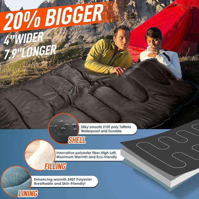 MEREZA Double Sleeping Bag for Adults Mens with Pillow, XL Queen Size Two Person Sleeping Bag for All Season Camping Hiking Backpacking 2 Person Sleeping Bags for Cold Weather & Warm