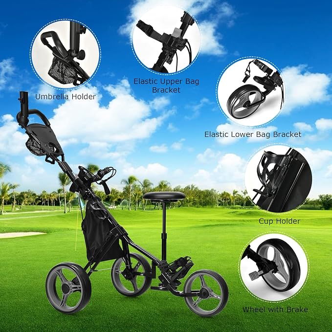GYMAX Foldable 3-Wheel Height Adjustable Lightweight Golf Caddy Cart with Umbrella Holder, Hydraulic Seat, Storage Bag & Cup Holder