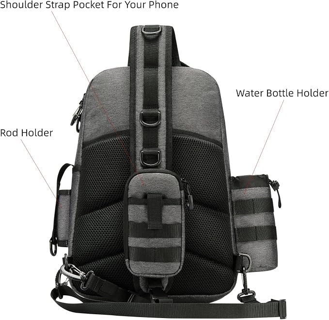 22L Wading Fishing Tackle Sling Bag, Holds 3x 3700 Boxes, Grey | Hands Free Lure Casting, Large Crossbody Shoulder Backpack with Rod Holder, Water Bottle Holder, 12 Heavy Duty D Rings