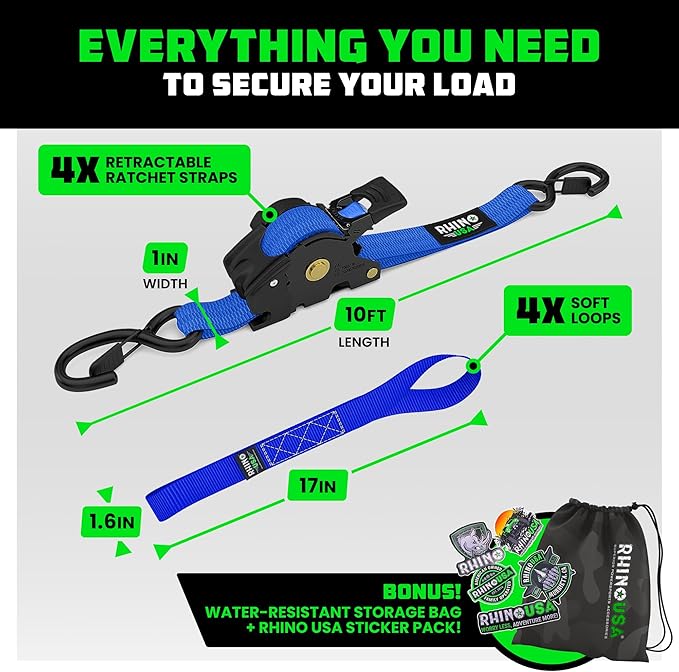 Rhino USA Retractable Ratchet Straps (4-Pack) - 1 Inch x 10 Feet (1,209lb Break Strength) - Auto Self Retracting Tie Down Straps for Truck, Cargo Trailer, Motorcycle, ATV, UTV - Blue