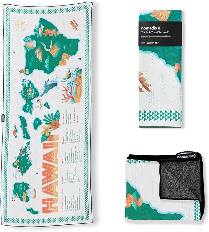 Nomadix Original Towel - Perfect for Beach, Pool, Travel, Camping, Yoga - Made with Recycled Materials - Super Absorbent - Sand Resistant - Hawaii Map - 72.5x30