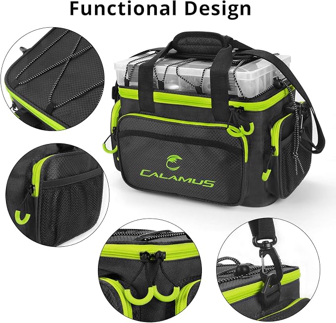 Calamus TB61 Fishing Tackle Bag，Green | Saltwater & Freshwater Fishing Bags, Rip-Stop PE, Padded Shoulder Strap, Pliers Storage, Easy to Organize, Functional Design