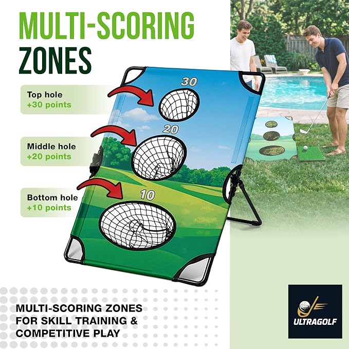 2-in-1 Golf Cornhole Chipping Game Set for Adults, Families and Golf Lovers – Foldable Yard Game with Targets, Non-Slip Mats, Balls, Stakes – Portable Outdoor Lawn and Backyard Simulator