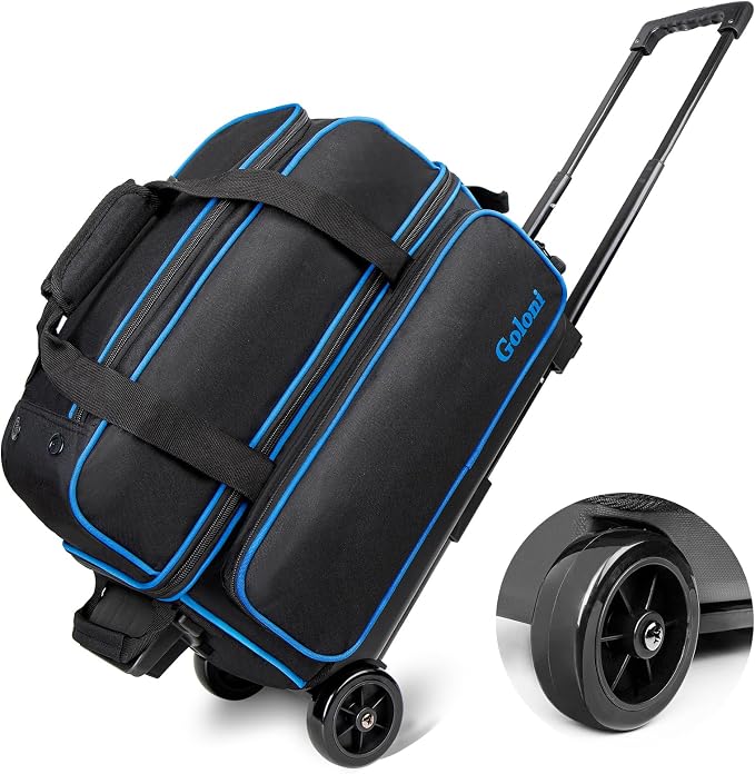 Goloni Double Roller 2 Ball Bowling Bag with Separate Shoe Compartment,2 Ball Bowling Bag with Wheels,Retractable Handle Extends to 40"