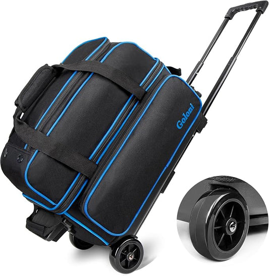 Goloni Double Roller 2 Ball Bowling Bag with Separate Shoe Compartment,2 Ball Bowling Bag with Wheels,Retractable Handle Extends to 40"