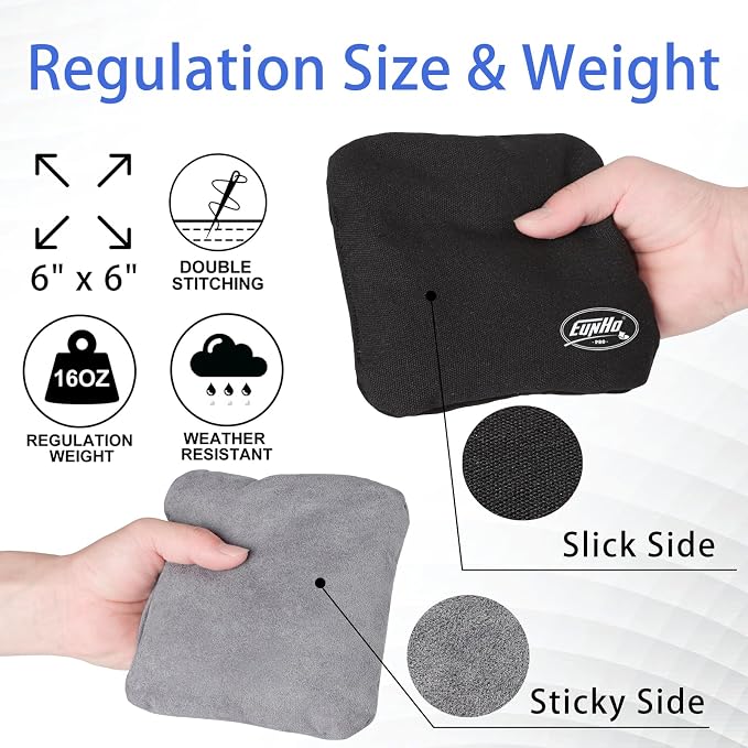EunHo Regulation Cornhole Bags Set of 8 - Dual Sided Slick and Stick Cornhole Bean Bags for Tossing Game Professional All Weather Pro Corn Hole Bags with Tote Bag