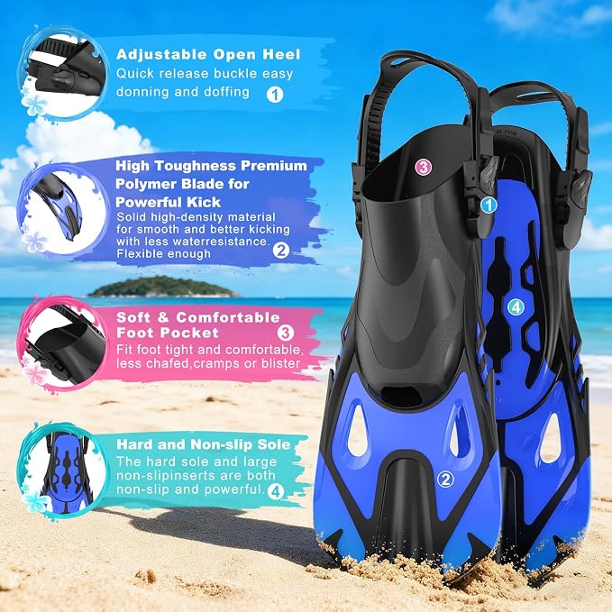 Snorkeling Gear for Adults, Mask Fin Snorkel Set, Dry Top Snorkel Mask, Panoramic View Anti-Leak Anti-Fog 3 in 1 Snorkeling Kit Travel Diving Package with Storage Bag