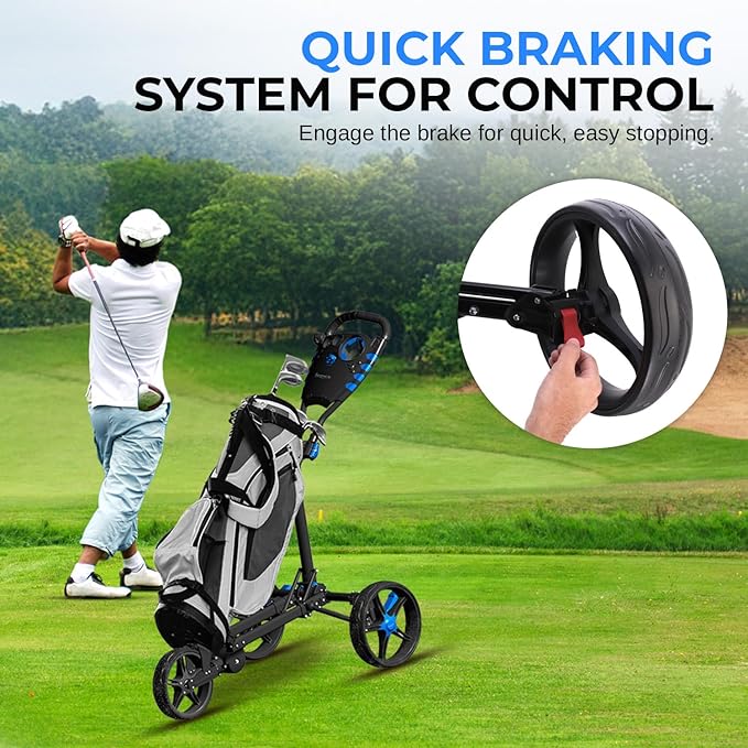 SereneLife Golf Cart Lightweight Foldable Golf Push Cart - Aluminum Folding Trolley with Adjustable Handle, Elastic Bag Straps, Dual Brakes, Scorecard & Cup Holders for Easy Maneuverability