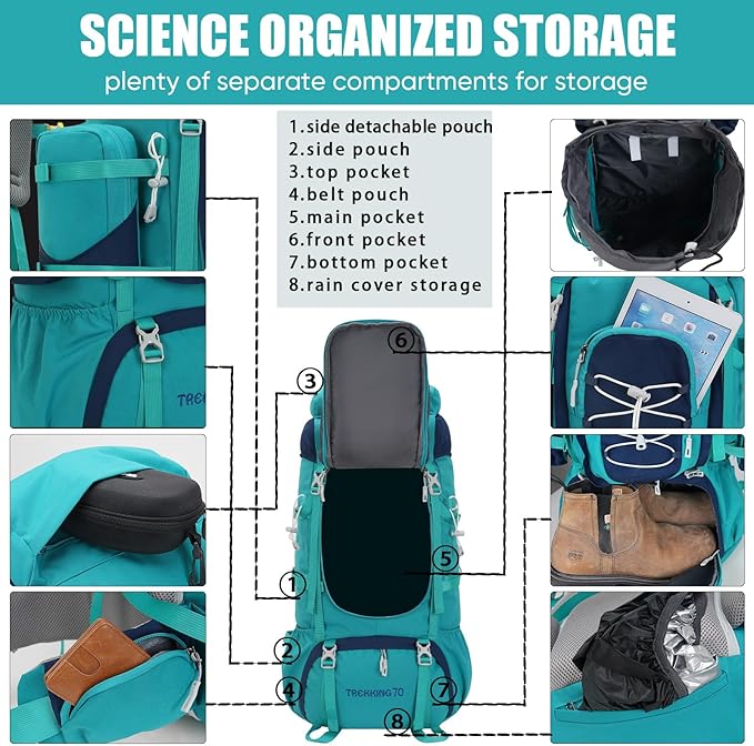Bseash 70L (65+5) Waterproof Hiking Camping Backpack with Rain Cover, Outdoor Sport Travel Daypack for Climbing Touring (Navy Blue)