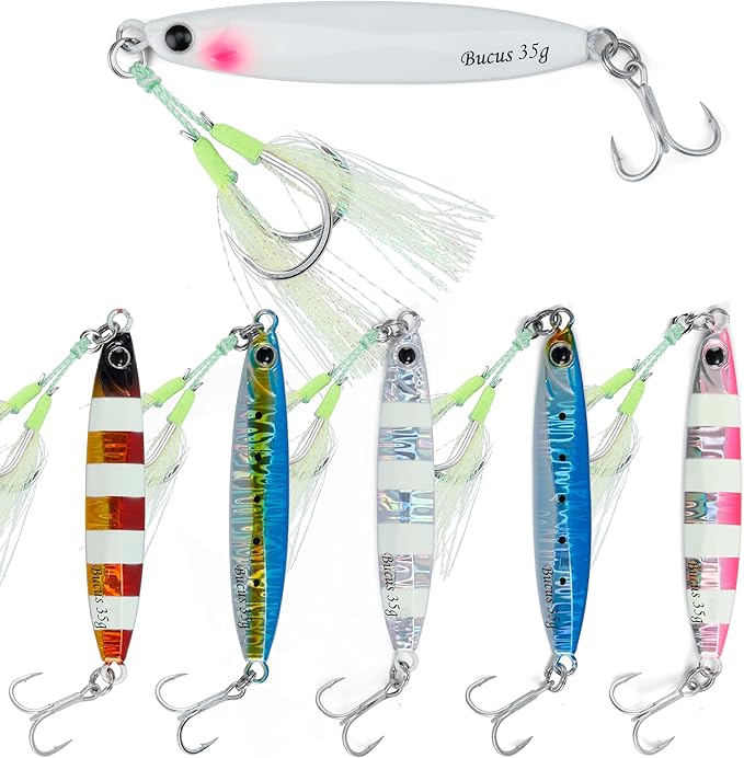 Saltwater Fishing Lures Metal Jigs Vertical Jigging Lure with Treble & Double Assist Hooks, 35-100g 6 pack Laser Glow Spoon Speed Sinking Slow Pitching Jig Offshore Targeting Tuna Mahi-Mahi Yellowtail