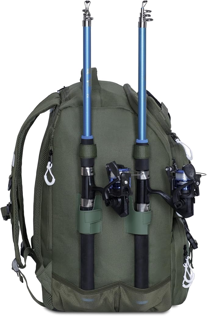 Fishing Backpack with Tackle Boxes and Rod Holders 40L; Plus Rain Cover, Padded Back Support, Insulated Front Pocket for Hot/Cold Lunch, Water Bottle Holder(Army Green)