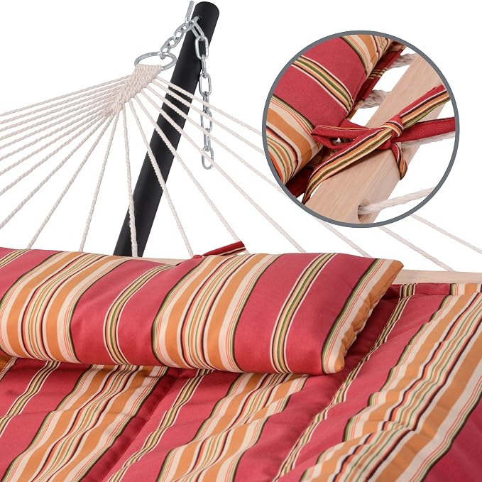 SUNCREAT Hammocks Portable Hammock with Stand, Carrying Bag, Hammock with Stand 2 Person Heavy Duty for Bedroom, Backyard, Patio, Balcony, Red Stripe
