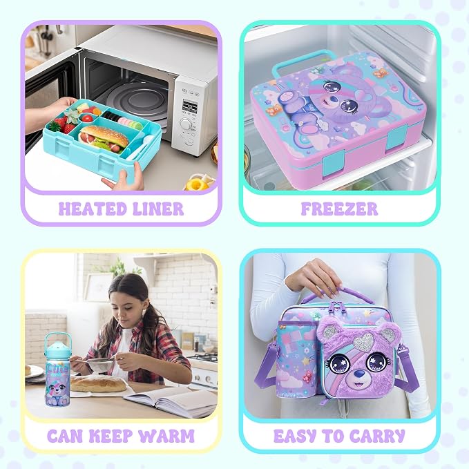 Kids Bento Lunch Box with 6 Compartments Girls Lunch Box with Lunch Bag,Stainless Steel Water Bottle,Ice Pack & Utensils Set,Birthday Gifts for Ages 3-12 Back to School Toddler Girls