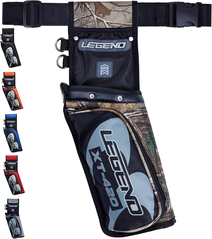 Legend XT420 Field Quiver - Left or Right-Handed Quiver Arrow Holder, Archery Quiver with 3 Arrow Tube, Durable Nylon Hip Quivers with Multiple Pockets for Archery Accessories, Score Card & Tools