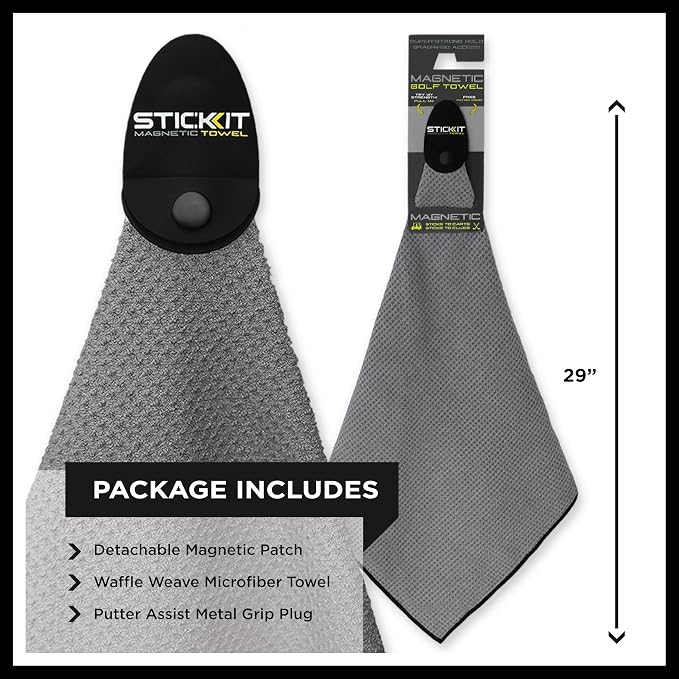 STICKIT Magnetic Golf Towel - Ultra-Absorbent Waffle Weave Microfiber & Removable Magnet - Golf Towel with Magnet for Bags, Clubs & Carts - Removes Dirt, Grass, & Debris from Club Face - 29” x 29”