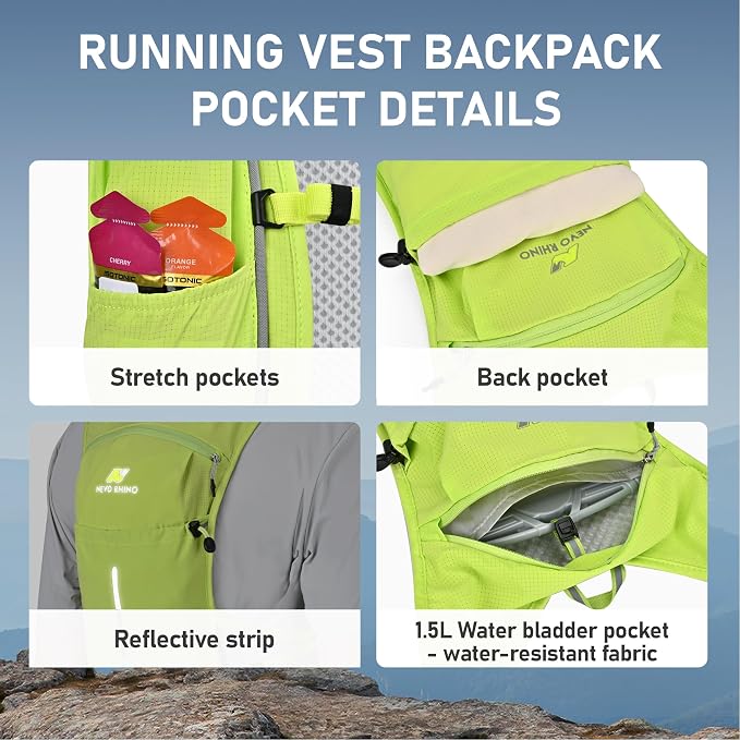 N NEVO RHINO Running Vest, Hydration Vest Pack, Lightweight Hydration Backpack with 1.5L Water Bladder for Hiking, Trail,Cycling,Bike,Marathons for Women Men