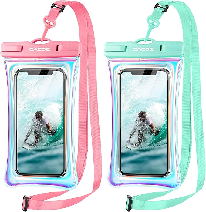 CACOE Universal Waterproof Phone Case 2 Pcs-Up to 7.0",Phone Pouch with Adjustable Neck Lanyard,IPX8 Cellphone Dry Bags for Beach Pool Swimming (Iridescence, Up to 7.0"-Floatable)