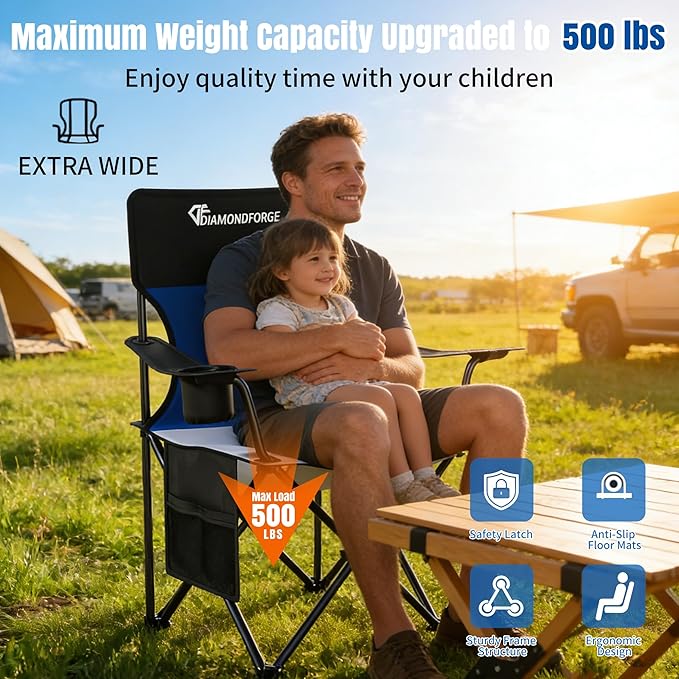 Oversized Camping Chair, 500 LBS High Back Lawn Chairs Folding (Black Blue) | Portable Outdoor Heavy Duty Folding Camping Chairs for Adults, with Cup Holder for Picnic, Lawn, Beach, Fishing and Sports