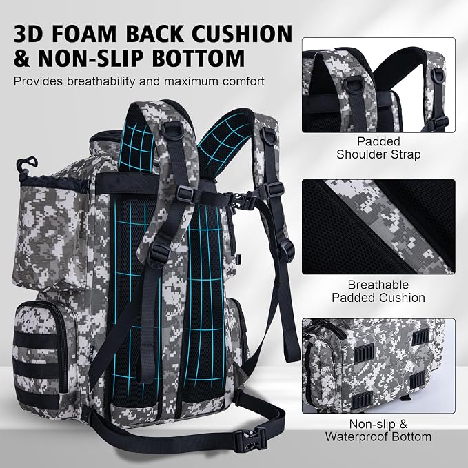 Goture Fishing Backpack, 900D Water-Resistant Tackle Backpack with Rod Holders, 45L Large Fishing Bag Storage Gear Tackle Bag with 8 Lure Pockets, Rain Cover for Camping Hiking(Without Tackle Box)