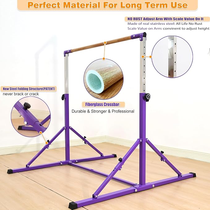 MARFULA 4FT/5FT Gymnastic Bar Set Gymnastics Kip Bar with 5 Ft Length 4Ft Inner Width 5ft Adjust Height Gymnastics Training Bar Equipment for Kids Professional Training Home and Club Use