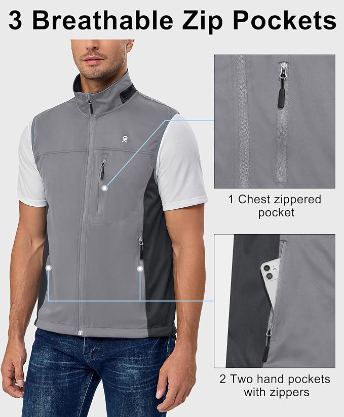 Little Donkey Andy Men's Lightweight Softshell Vest, Windproof Sleeveless Jacket for Running, Hiking, Cycling, Golf