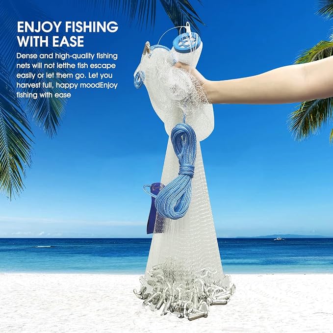 Nylon Monofilament Cast Net, 4FT/6FT/7FT/8FT/9FT/10FT/12FT American Style Hand Throwing Fishing Net with Iron Chain Weights for Saltwater and Freshwater