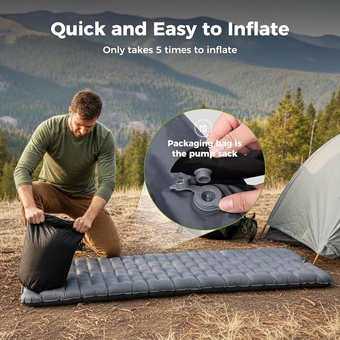 ATEPA ThermAir Ultralight Sleeping Pad for Camping & Backpacking, 5 R-Value Insulated Inflatable Air Mattress with Pump Sack, Compact 3.5” Thick Sleeping Mat, Wide Long Size