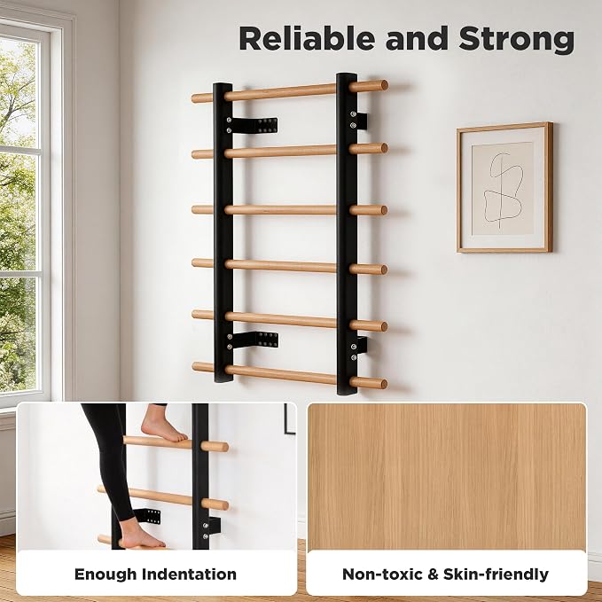 Half Height Swedish Wall Ladder Stall Bar, Space Saving Wall Mounted Solid Wood Steel Stretch Training Bar for Small Apartment Home Gym Yoga Physical Therapy