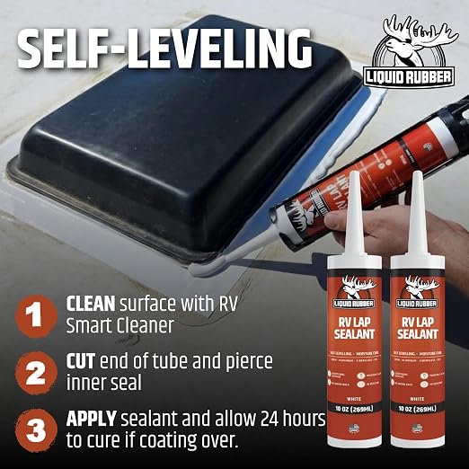 Liquid Rubber RV Lap Sealant, Self-Leveling Roof Sealant for RV Vents, Skylights, AC Units & Roof Seams, Waterproof, White, 4 Pack