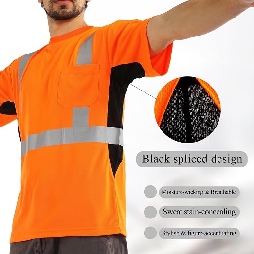 sesafety Safety Reflective Shirts, Class 2 High Visibility Shirts for Men Construction Work Mesh Short Sleeve Orange 2XL