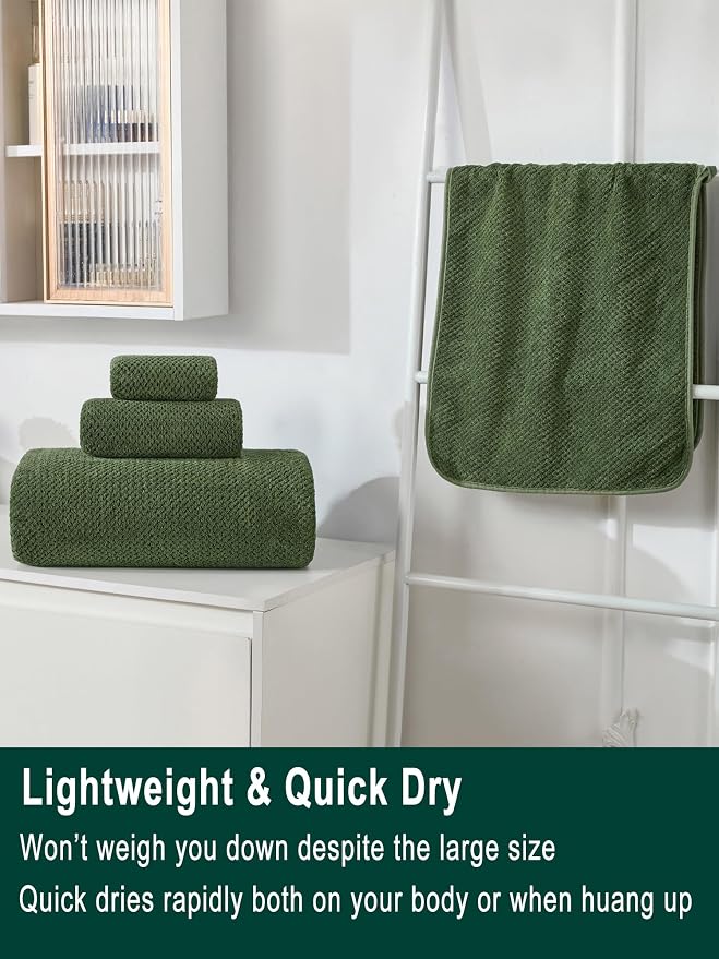 Extra Large Bath Sheet Set 3-Piece, 1 Bath Towel 40x80 Inches, 1 Hand Towel, 1 Washcloth, Soft Absorbent Quick Dry Microfiber Towel for Bathroom Beach Pool Gym Spa, Olive Green