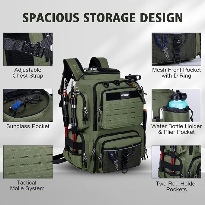 Goture Fishing Backpack,900D Water-Resistant Tackle Backpack with Rod Holders, SBS Zippers,45L Large Fishing Bag Storage Gear Tackle Bag with Rain Cover, Bottle Holder for Travel Camping Hiking
