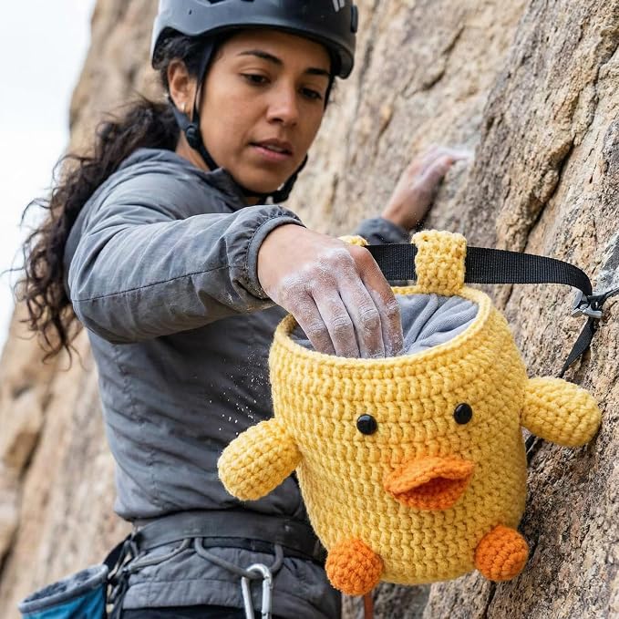 Handmade Crochet Rock Climbing Chalk Bag, Fun Plush Animal Chalk Pouch with Drawstring, Adjustable Waist Belt for Indoor Outdoor Bouldering Sport Climbing