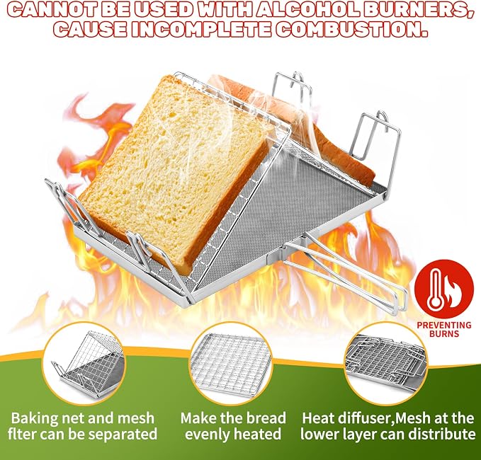 Stainless Steel Collapsible Toaster Foldable Camping Toaster | Food Grade Rustproof & Heat-Resistant Design for Hiking, Picnic and Outdoor RV Camping Kitchen Use