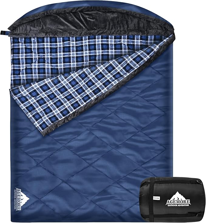 Cotton Flannel Double Sleeping Bag with Fleece Lined Hood, Waterproof Queen Size 2 Person Sleeping Bag for Adults Cold Weather Camping Backpacking or Hiking, 3-4season