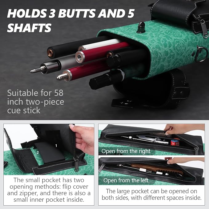 Hard 3x5 Pool Cue Case, 8 Hole Pool Cue Stick Case Billiard Cue Case, Holds Up to 3 Butts and 5 Shafts, Topstitching Design