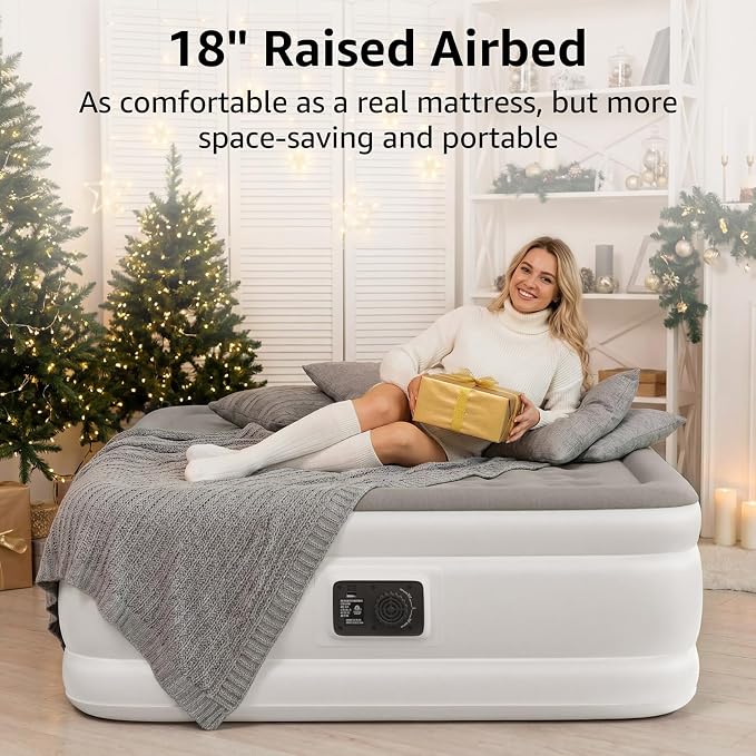YENING Full Size Air Mattress with Built in Pump Raised Double Blow up Bed Inflatable Camping Airbed Electric 18 Inch Tall Grey