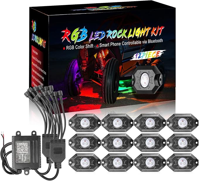 OFFROADTOWN 12 pods LED Rock Lights RGB Multicolor Neon Trail Rig Lights Underglow Wheel Well Light with Bluetooth App Control for Truck Pickup Tundra Dodge GMC UTV ATV