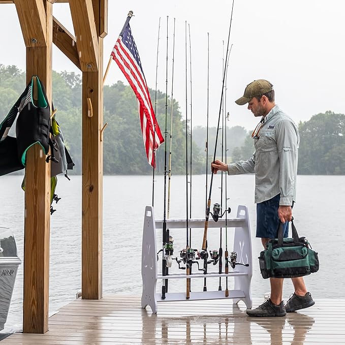 StoreYourBoard Marlin Fishing Rod Rack for Garage & Dock | Freestanding Fishing Pole Holders for Garage Holds Up to 24 Rods & Reels | Washable Weather-Resistant PVC Fishing Rod Storage Organizer