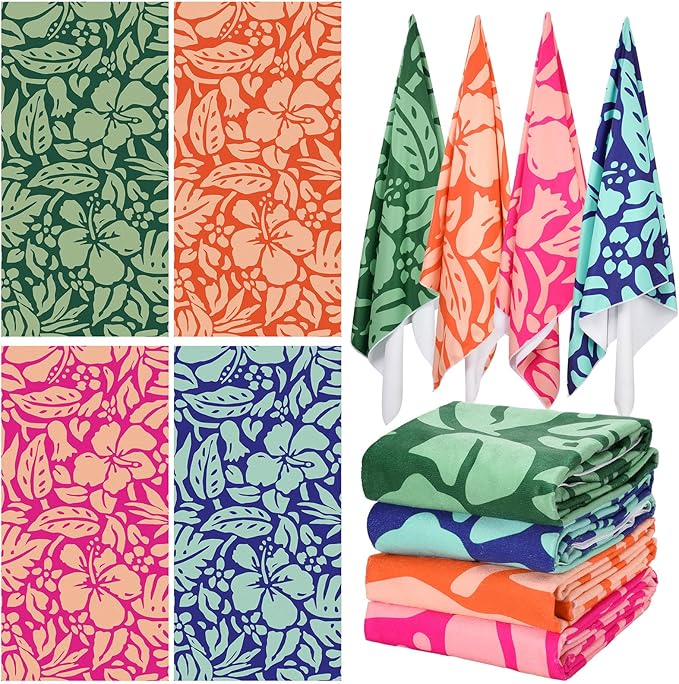 Tegeme 4 Pack Hibiscus Flower Microfiber Thin Beach Towel Lightweight 71x36 Oversized Extra Large Sand Free Towels Quick Dry for Travel Pool Yoga Sports Beach Accessories Vacation Essential Gift