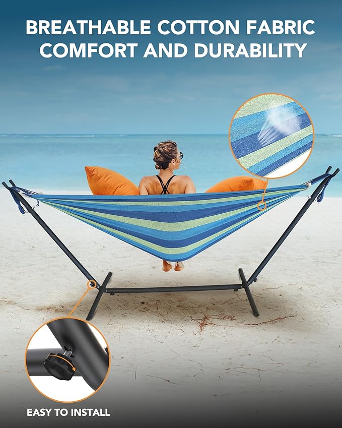 Everyfun Double Hammock with Space-Saving Steel Stand, 2 Person Heavy-Duty Hammock for Garden, Yard or Outdoor, 600lbs Capacity, Wide Blue