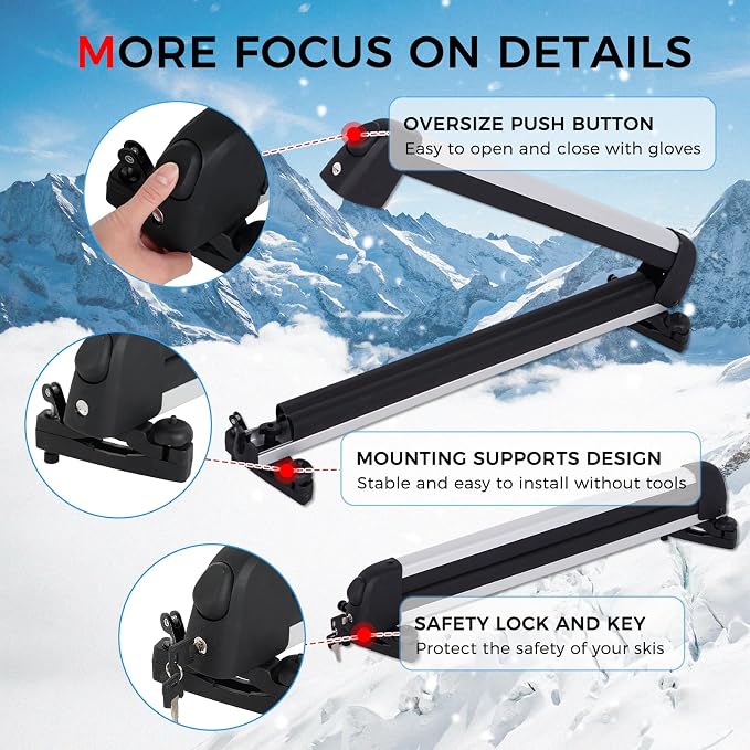 Ski and Snowboard Roof Racks with Anti-Theft Lock, 24.3" Universal Ski Roof Rack Carrier - Fits 6 Pairs Skis or 4 Snowboards, Silver