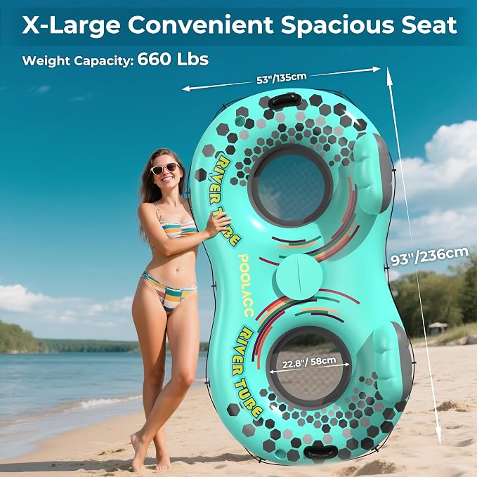 2-Person Inflatable River Tube, Heavy Duty Tube Float for River Pool Lake Beach w/Built-in Cooler & Cup Holders, Ergonomic Backrest, Durable Handles & Grab Rope, 660lb Weight Capacity