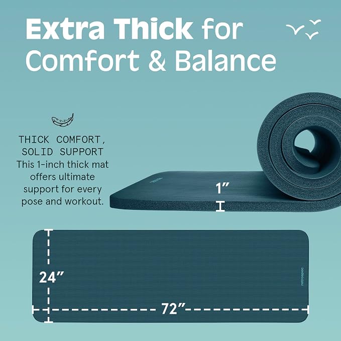 Retrospec Solana Yoga Mat 1" Thick w/Nylon Strap for Men & Women - Non Slip Exercise Mat for Home Yoga, Pilates, Stretching, Floor & Fitness Workouts