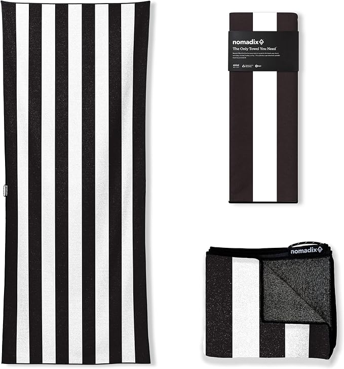 Nomadix Original Towel - Perfect for Beach, Pool, Travel, Camping, Yoga - Made with Recycled Materials - Super Absorbent - Sand Resistant - Cabana Stripe Black - 72.5x30