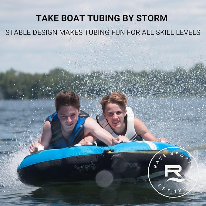 Rave Sports Storm Boat Towable Tube - Inflatable Boating Tube for 1-2 Riders - Heavy-Duty Inflatable Tube for Boats to Pull - Water Sports Towable with Quick Connect Tow Point System