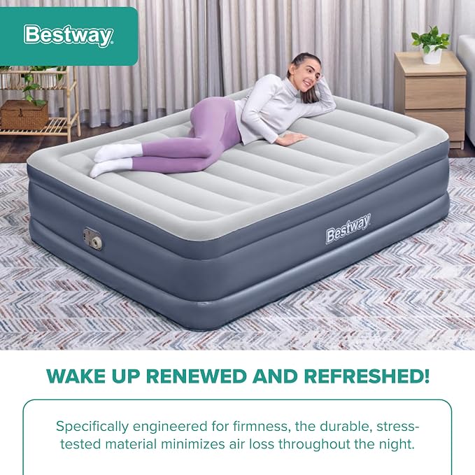 Bestway Tritech, 20" Thick Durable Comfortable Air Mattress Pad for Portable Relaxation with Built-in AC Pump and Storage Bag, Queen Size