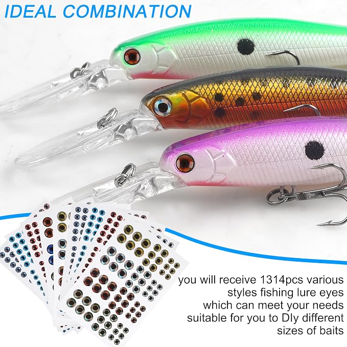 1314 Pieces Fishing Lure Eyes 3D 4D 5D Realistic Eyes Stickers for Making Fishing Bait DIY Fly Tying Streamers Lures Crafts 3/4/5/6/8/10mm
