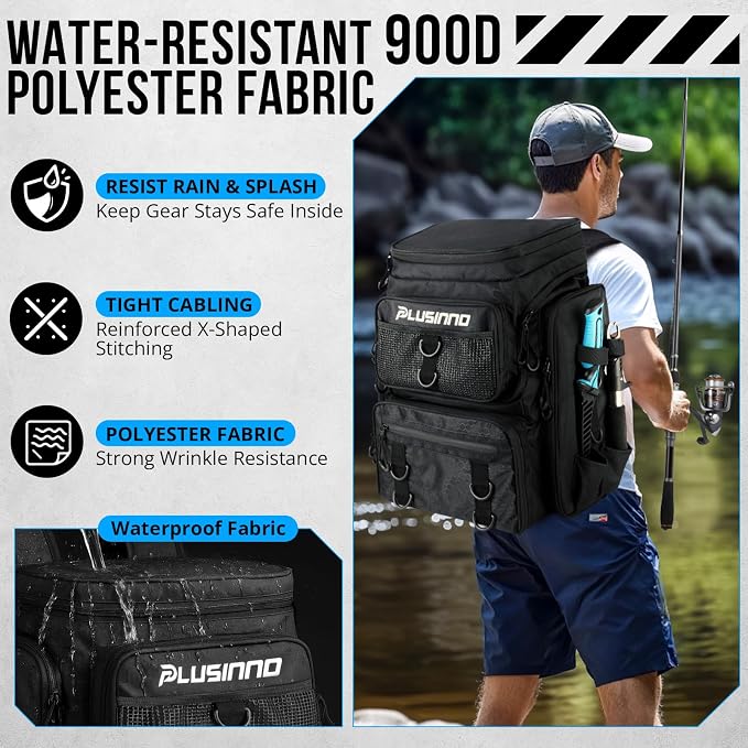 PLUSINNO Fishing Tackle Backpack with Rod Holders，42L Water-resistant Fishing Bag Store Fishing Gear,Fish Gifts For Men.