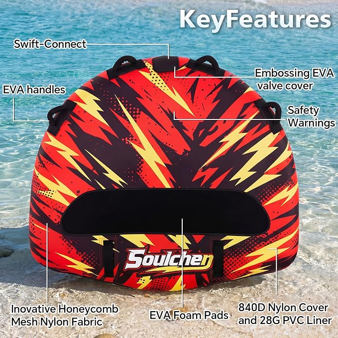 Soulchen Thriller Style Inflatable Towable Tube for Boating, 1-2 Rider Models Water Tubing Tube Full Nylon Cover for Water Sports, Safety Speed Valve for Easy Inflating Deflating